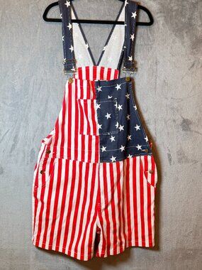 USA Flag Patriotic Short Overalls Women’s Large Red White Blue Americana Romper